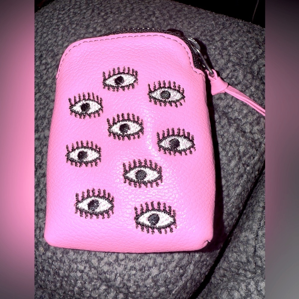 Florence Pouch Charm - Soft Neon Pink Leather Keychain All Over Eyes Embroidery